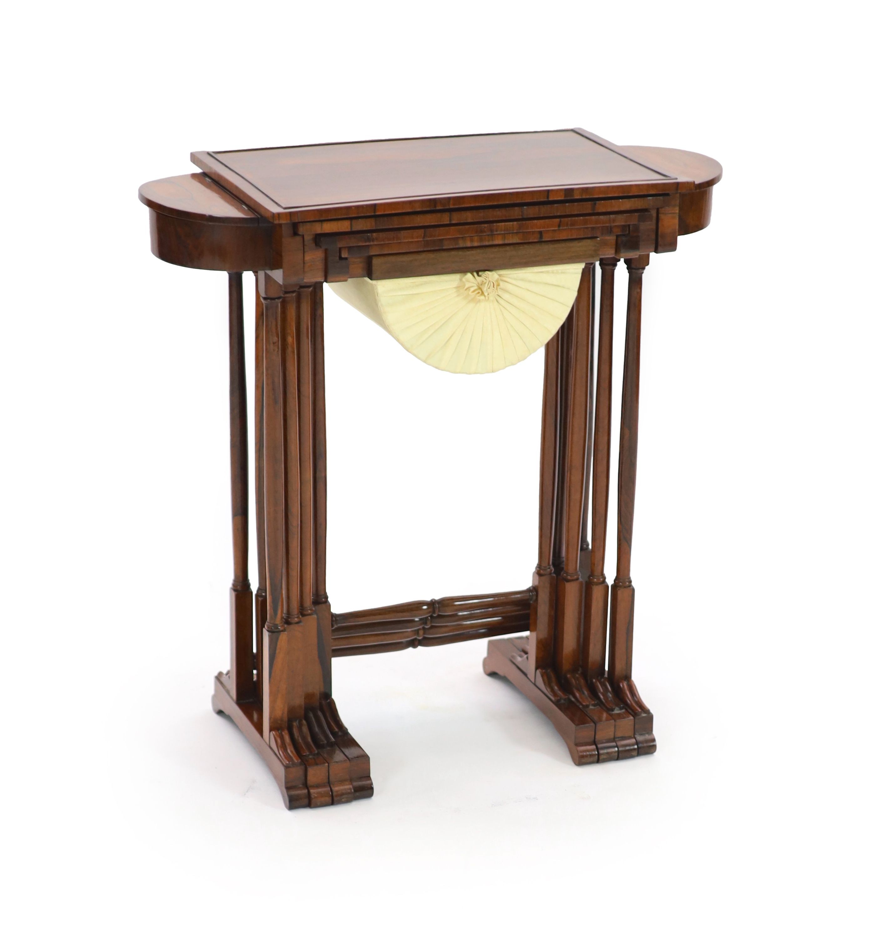 An unusual George IV nest of rosewood quartetto sewing tables, W.68cm D.32cm H.69cm